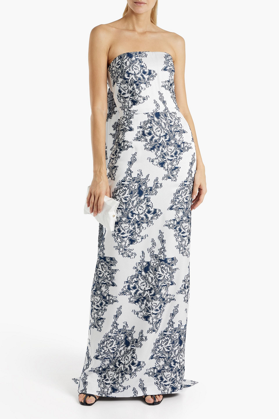 Oscar De La Renta Strapless Draped Flocked Jacquard Gown In Navy