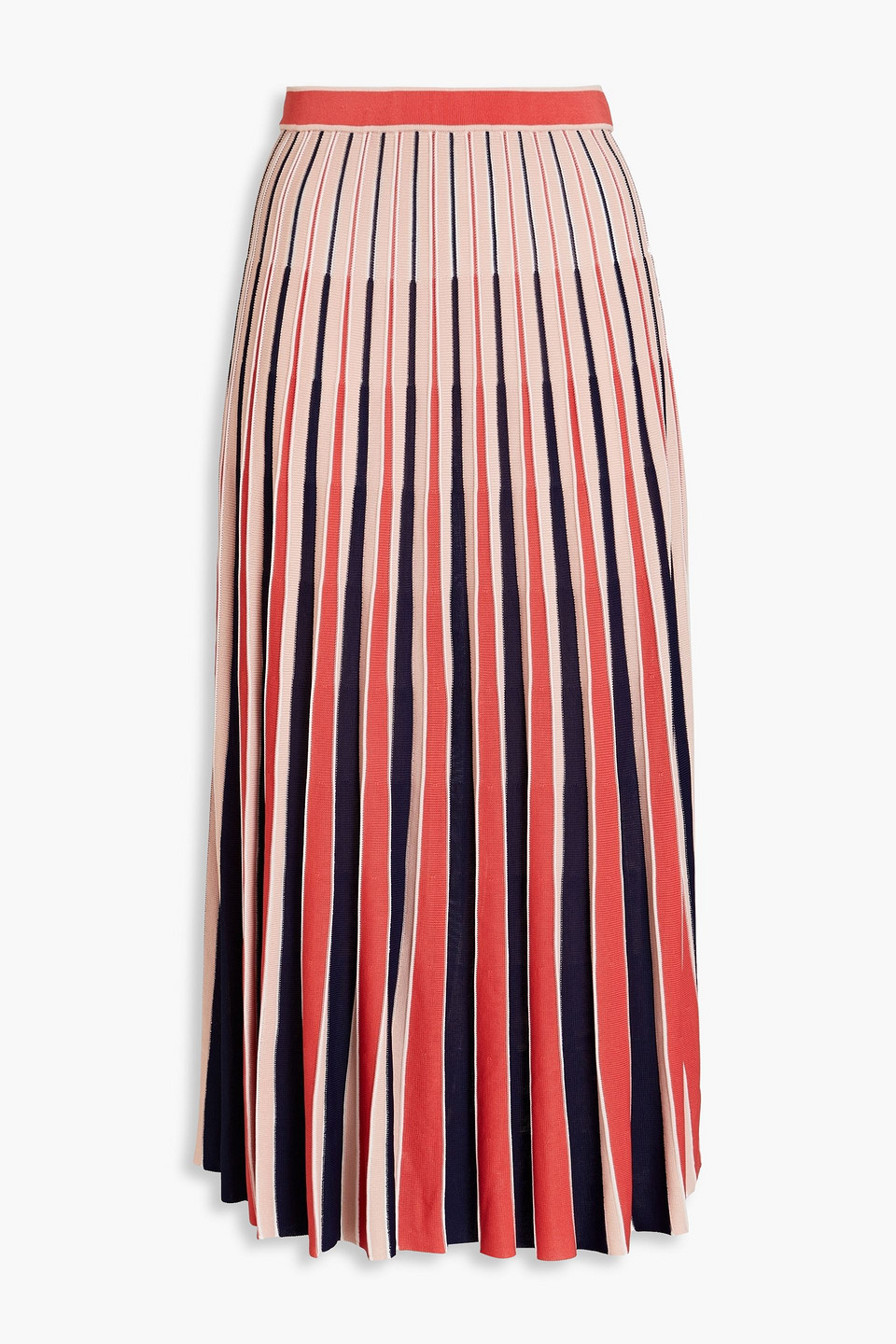 Striped ribbed-knit midi skirt