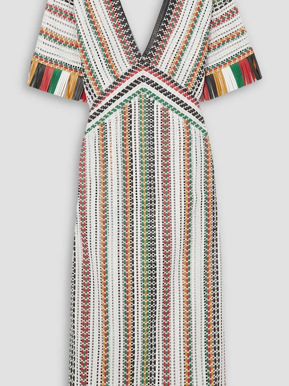 aoki cutout fringed striped woven leather midi dress