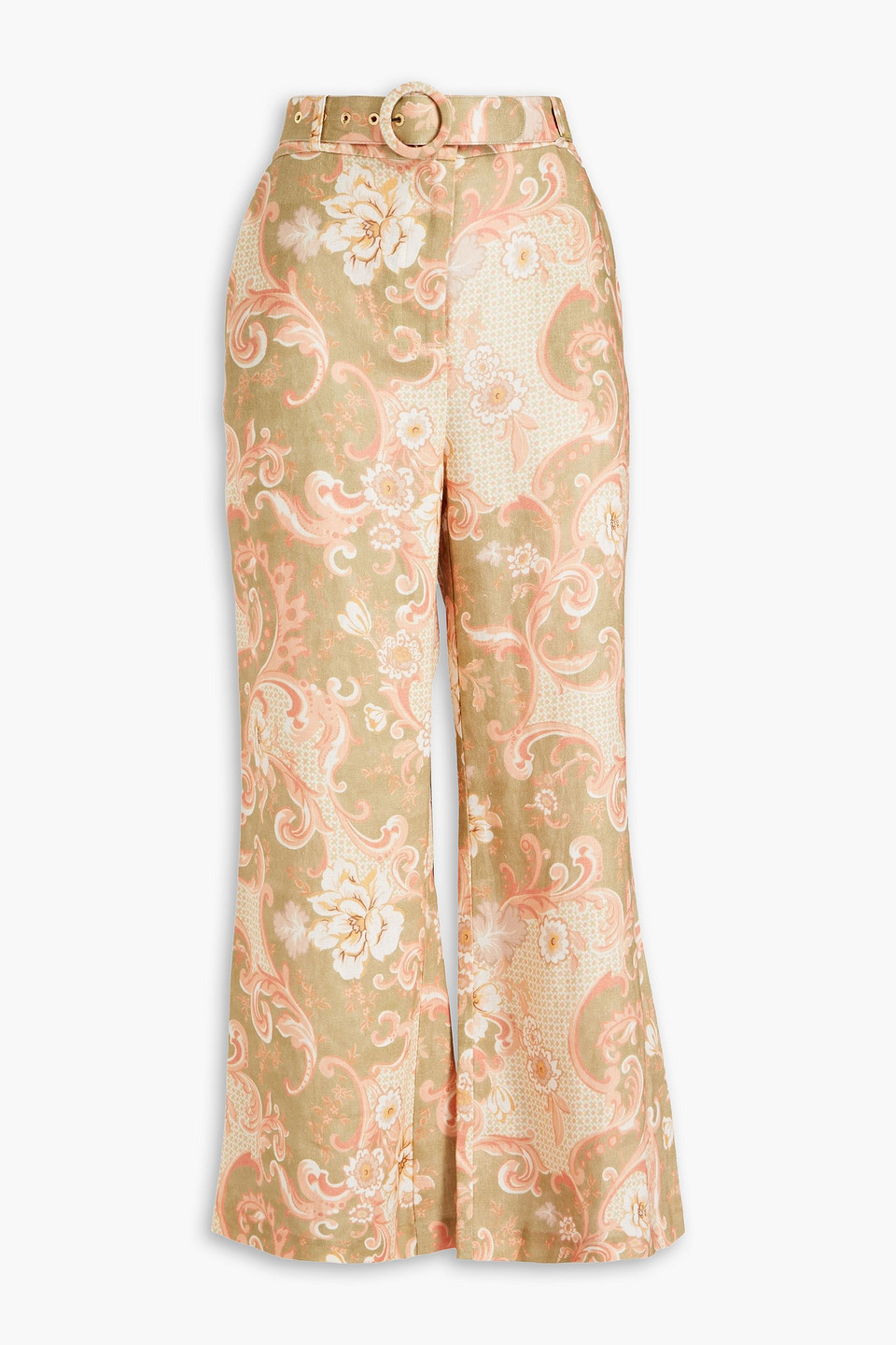 Zimmermann Postcard Belted Floral-print Linen Flared Pants In Sage Green