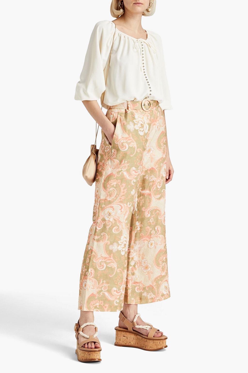 ZIMMERMANN Postcard cropped belted linen flared pants