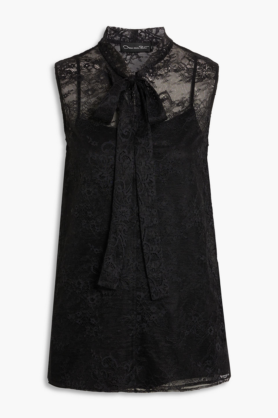 Oscar De La Renta Pussy-bow Silk-lace Top In Black