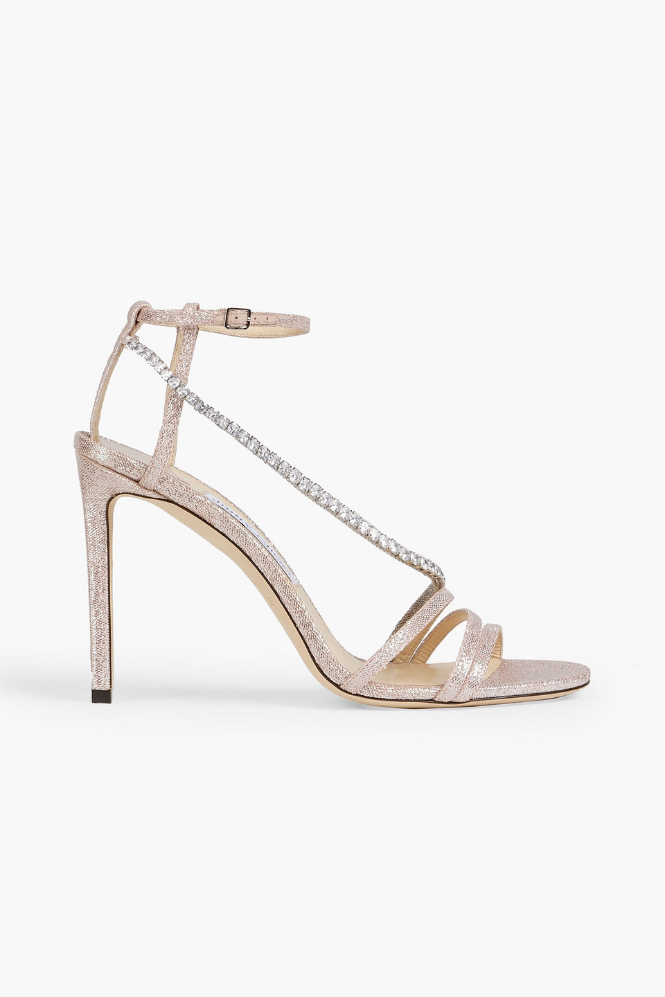 JIMMY CHOO THAIA 100 CRYSTAL-EMBELLISHED LAMÉ SANDALS 3074457345634226681