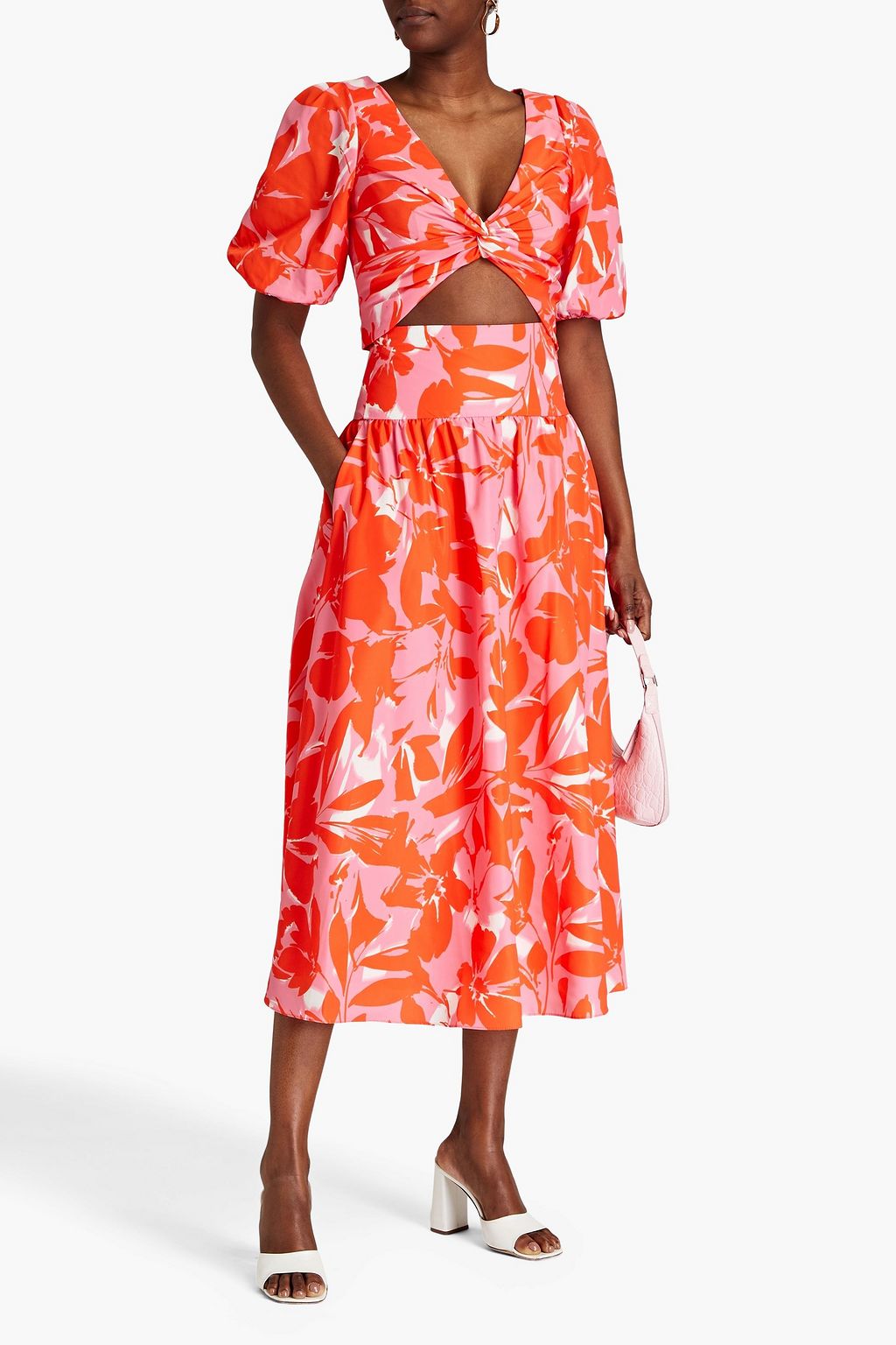 ML MONIQUE LHUILLIER Cropped twisted floral-print taffeta top