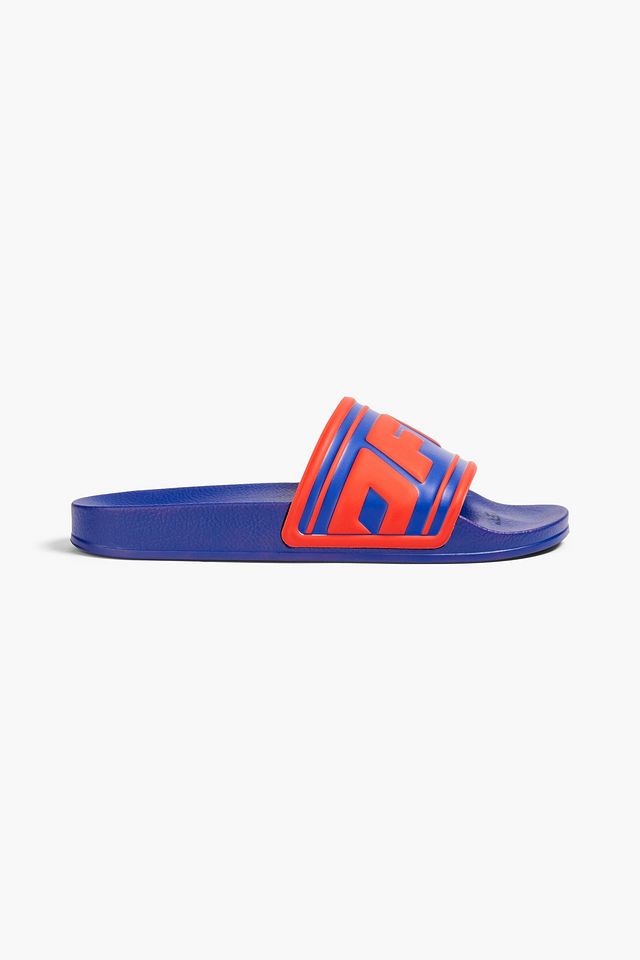 Logo-embellished two-tone faux leather slides
