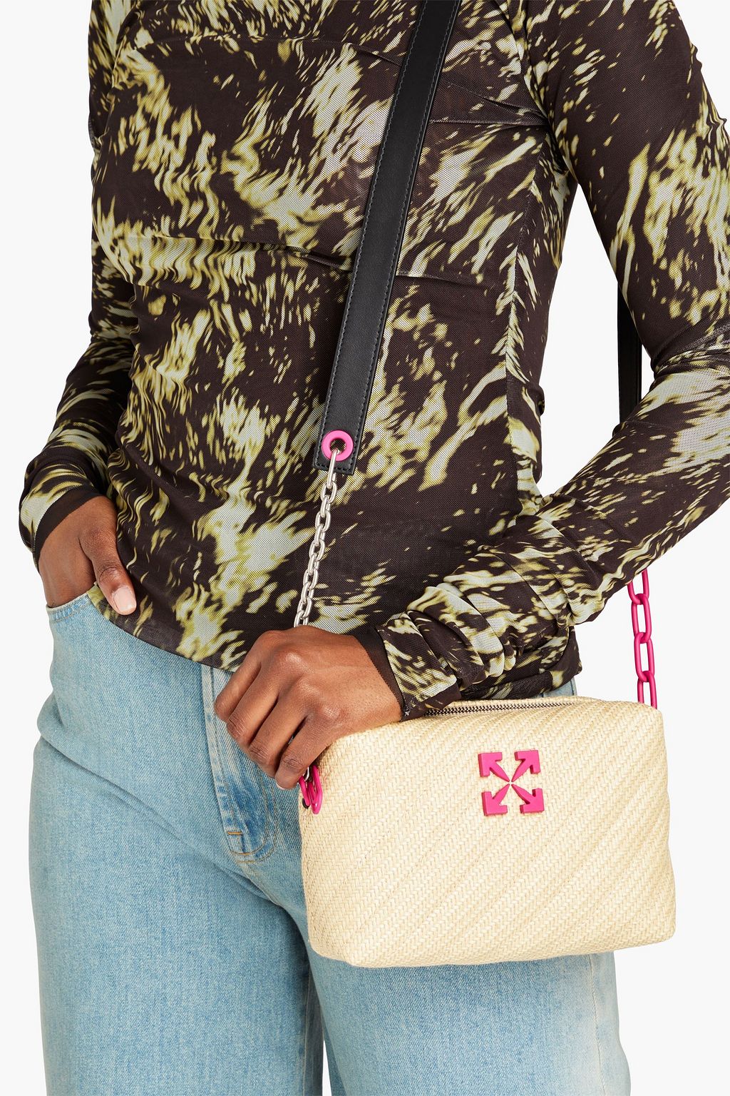 OFF-WHITE™ Jackhammer quilted faux raffia shoulder bag