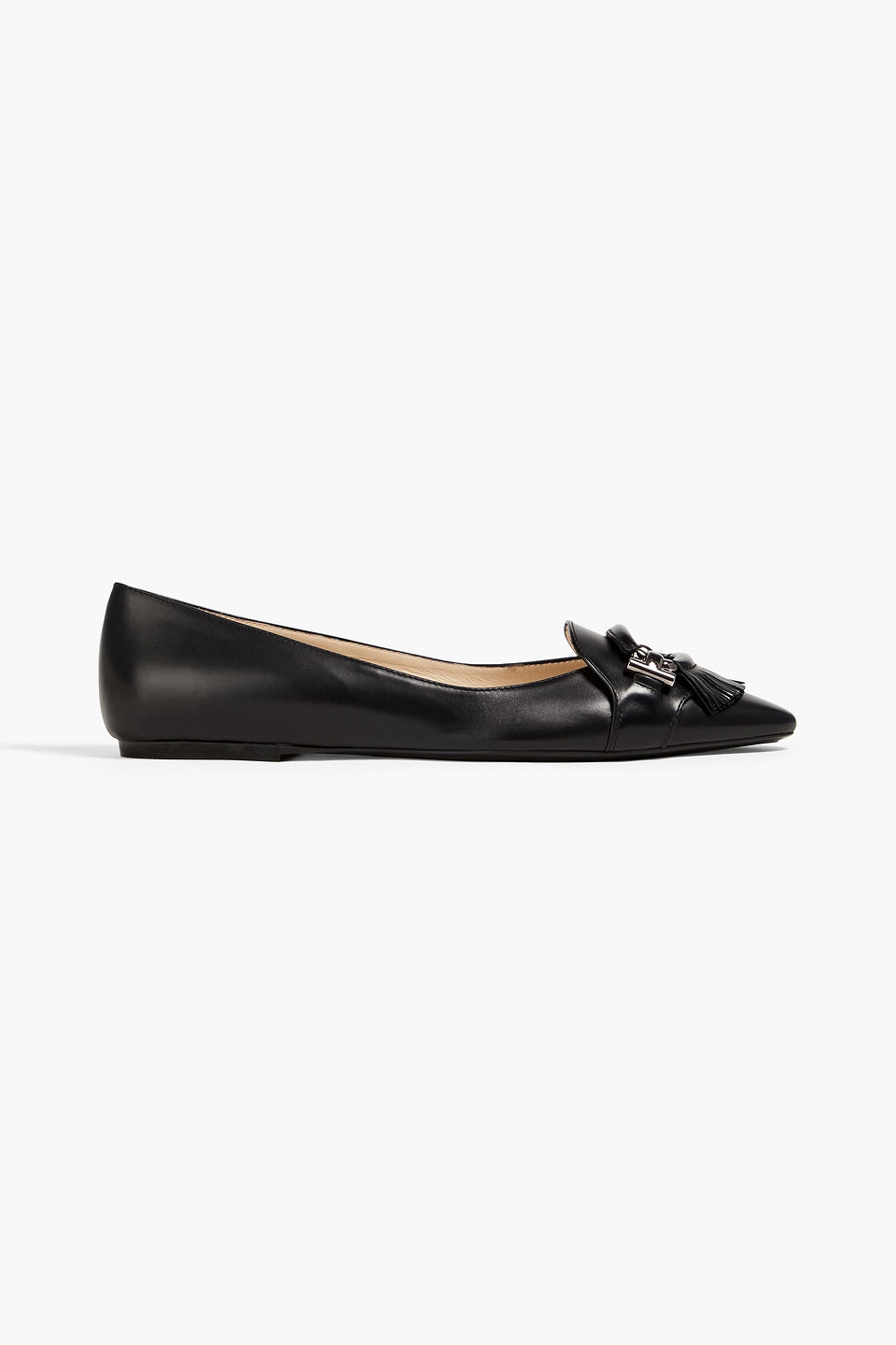 Tod's T-ring Fringed Leather Point-toe Flats In Black