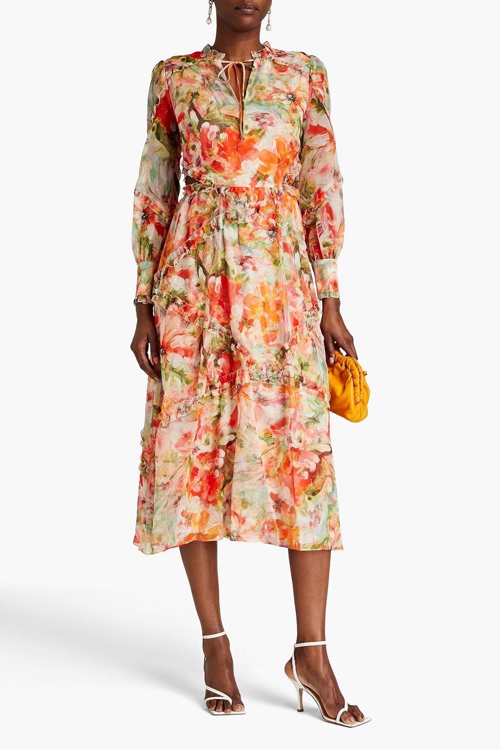 MARCHESA NOTTE Cutout floral-print georgette midi dress