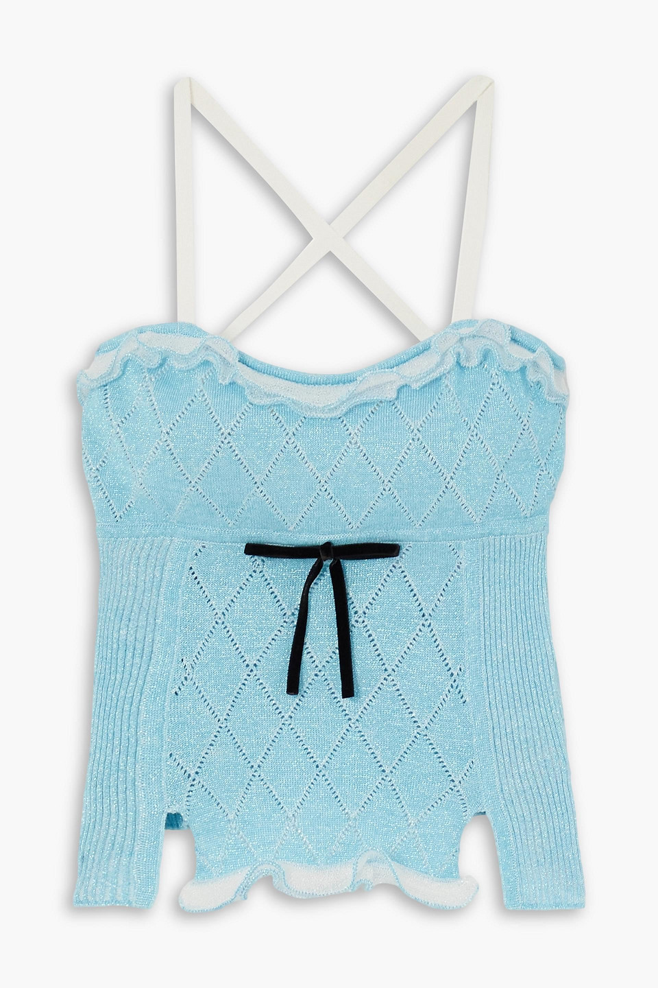 Cormio Heide Velvet-trimmed Pointelle-knit Metallic Cotton-blend Camisole In Turquoise