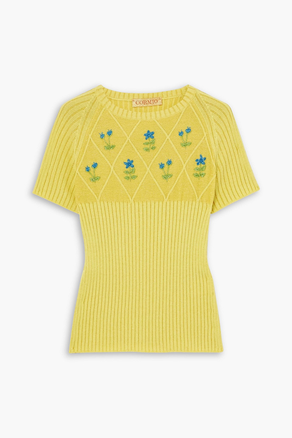 Cormio Diamond Embroidered Ribbed Metallic Cotton-blend Top In Yellow