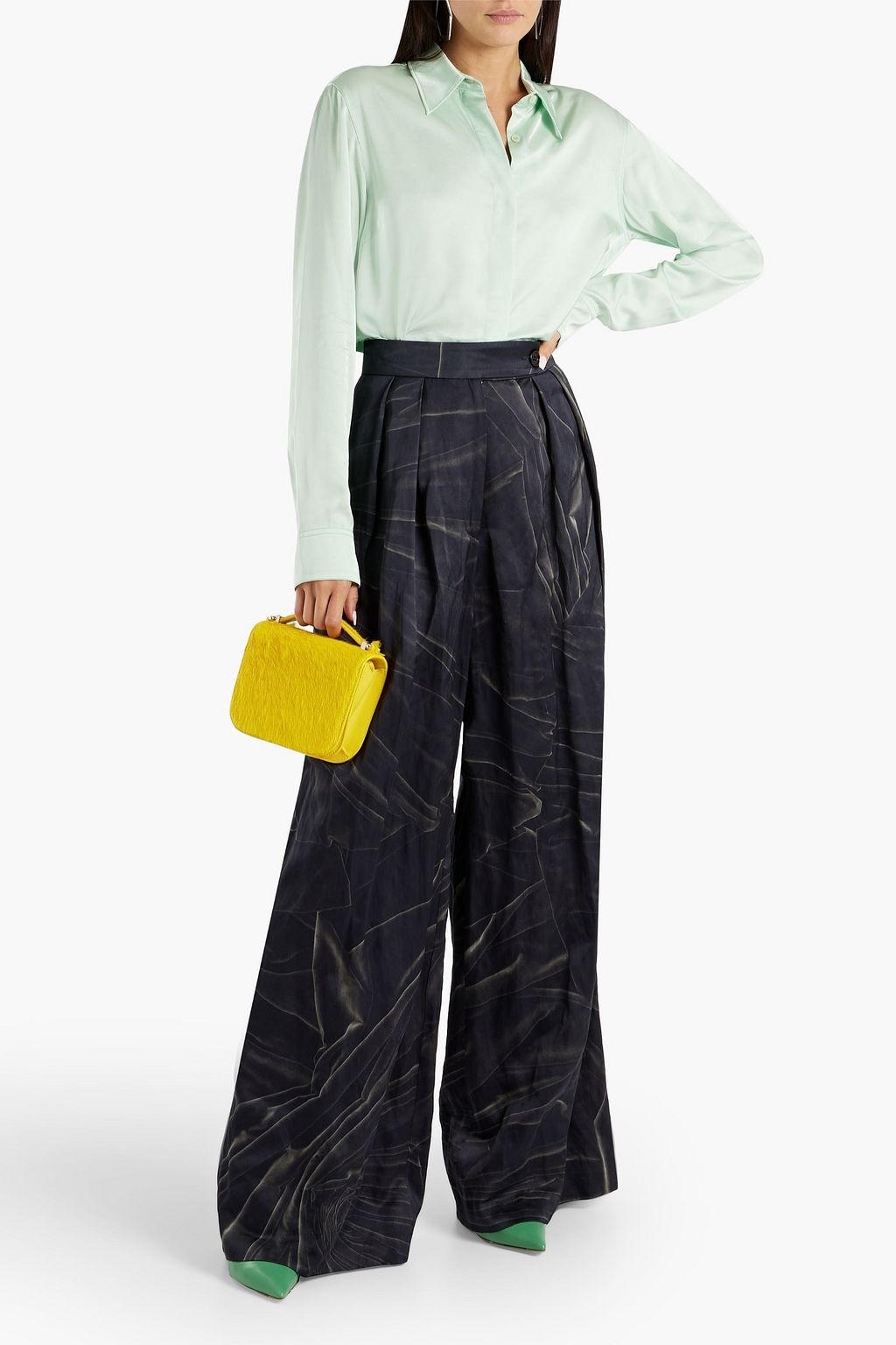 DRIES VAN NOTEN Pleated printed satin wide-leg pants