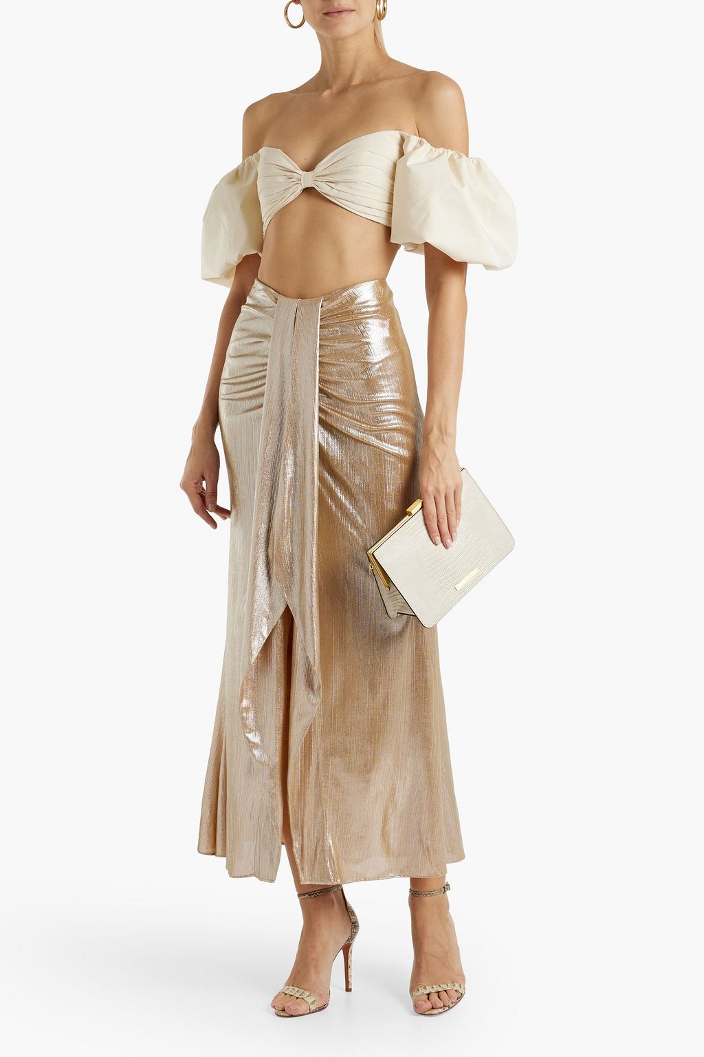 CAROLINE CONSTAS Dorian ruched plissé-lamé maxi skirt