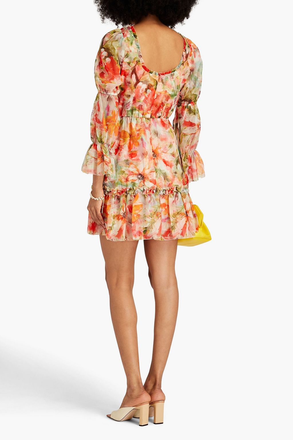 MARCHESA NOTTE Gathered floral-print chiffon mini dress
