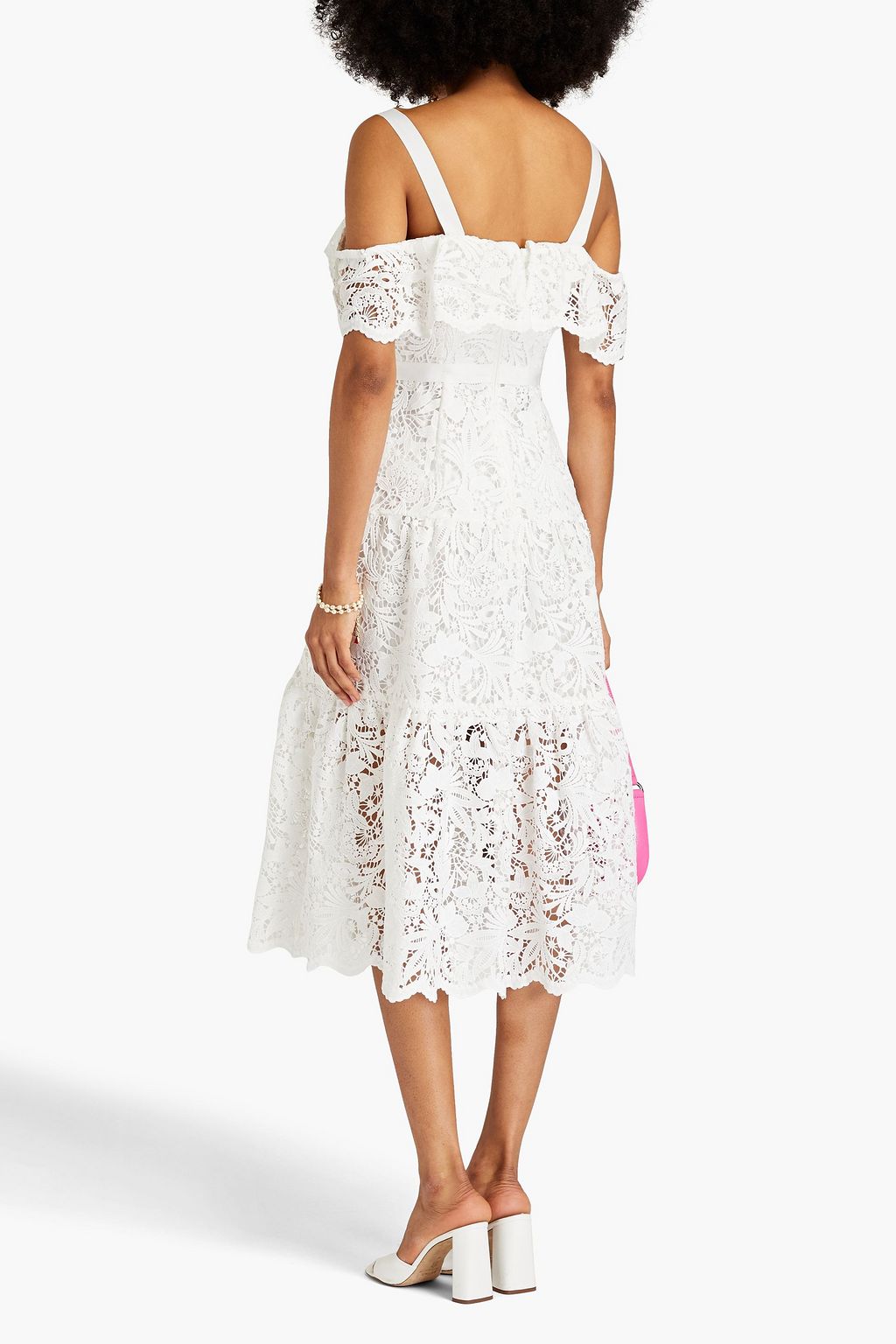 MARCHESA NOTTE Cold-shoulder ruffled guipure lace midi dress