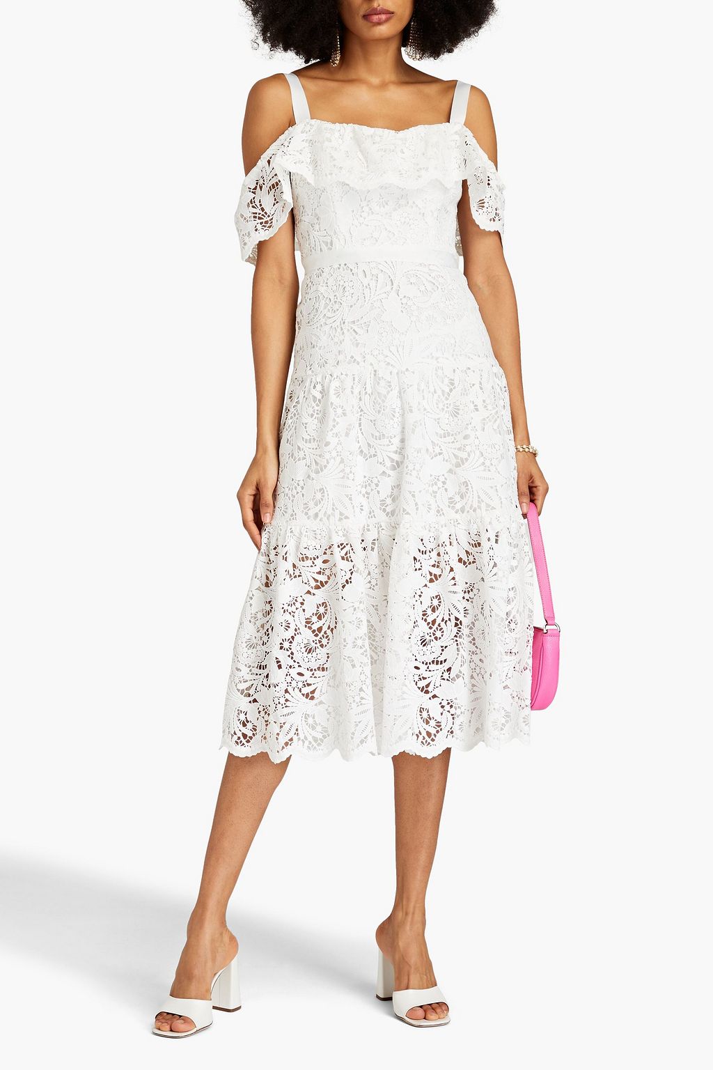 MARCHESA NOTTE Cold-shoulder ruffled guipure lace midi dress