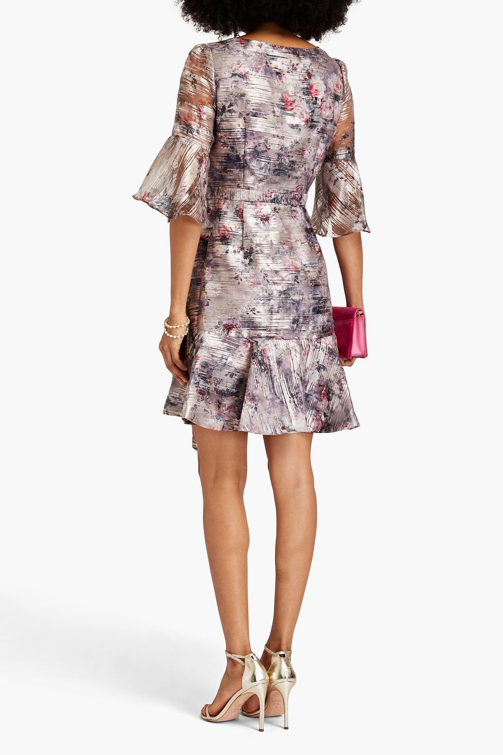 MARCHESA NOTTE Floral-print metallic fil coupé organza mini wrap dress