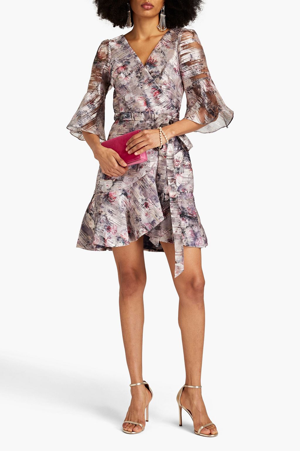MARCHESA NOTTE Floral-print metallic fil coupé organza mini wrap dress