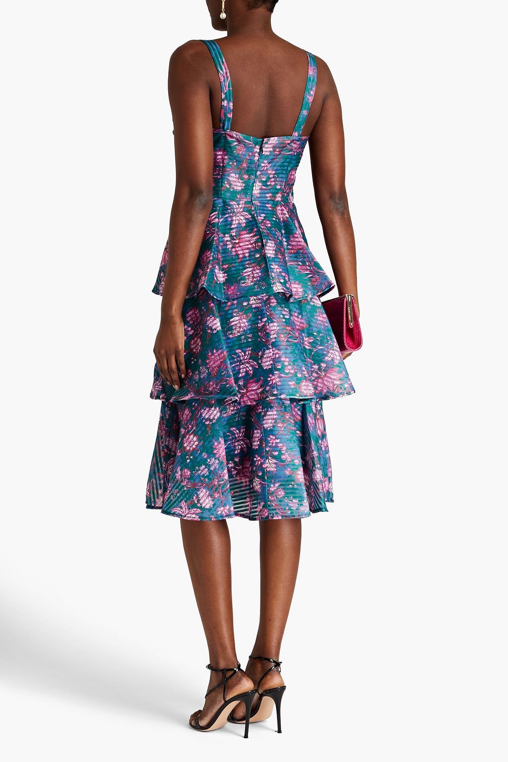 MARCHESA NOTTE Tiered floral-print devoré-organza midi dress