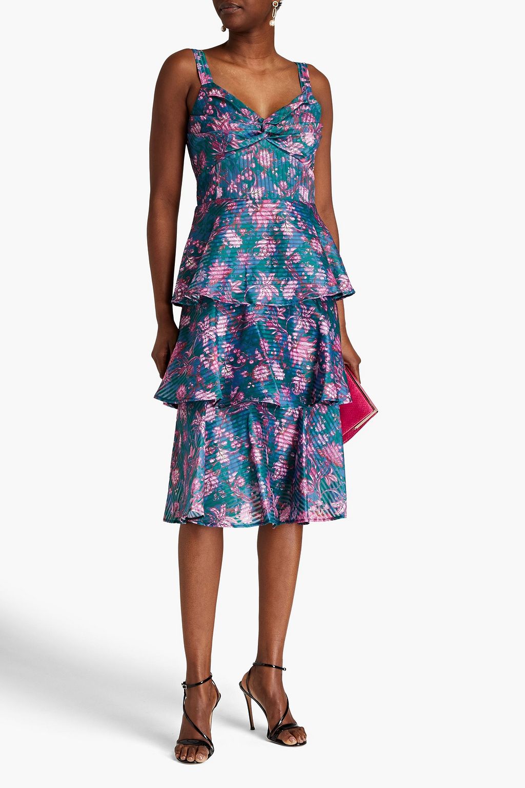 MARCHESA NOTTE Tiered floral-print devoré-organza midi dress