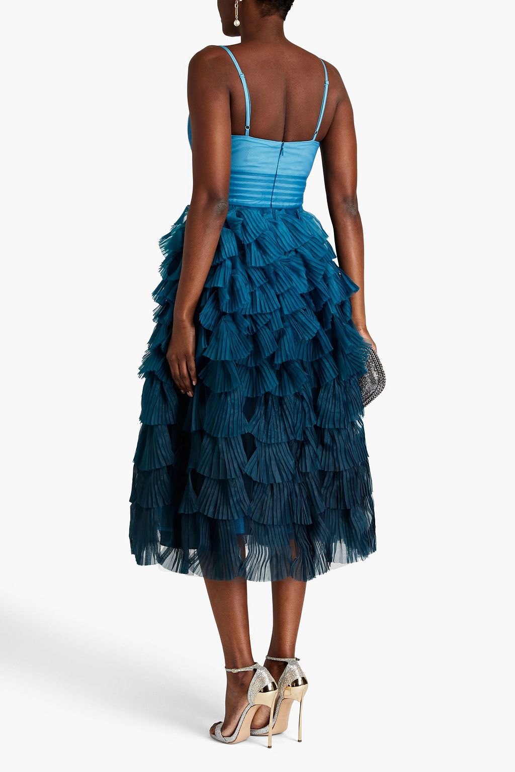 MARCHESA NOTTE Tulle-paneled pleated organza midi dress