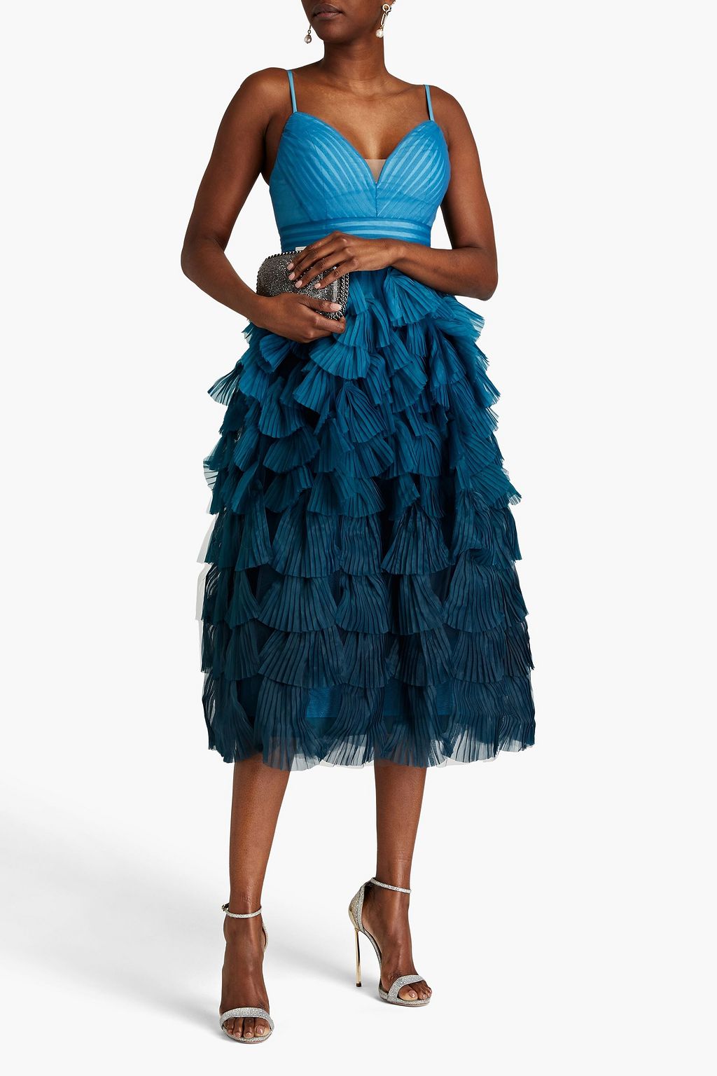 MARCHESA NOTTE Tulle-paneled pleated organza midi dress