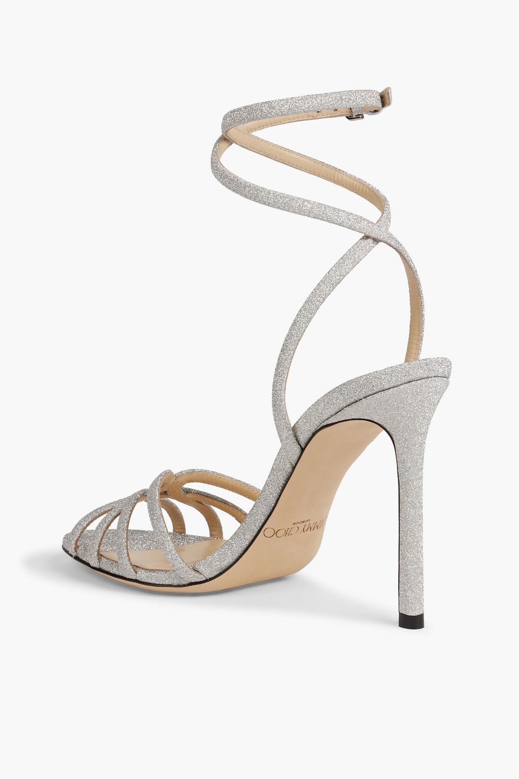 JIMMY CHOO صندل «ميمي 100» من نسيج محبوك ومزيّن بالحلى المتلألئة