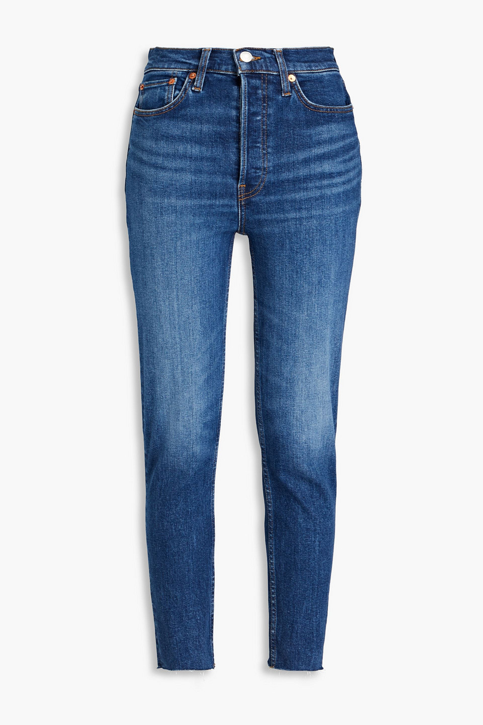 Re/done 90s Cropped Faded High-rise Slim-leg Jeans In Mid Denim