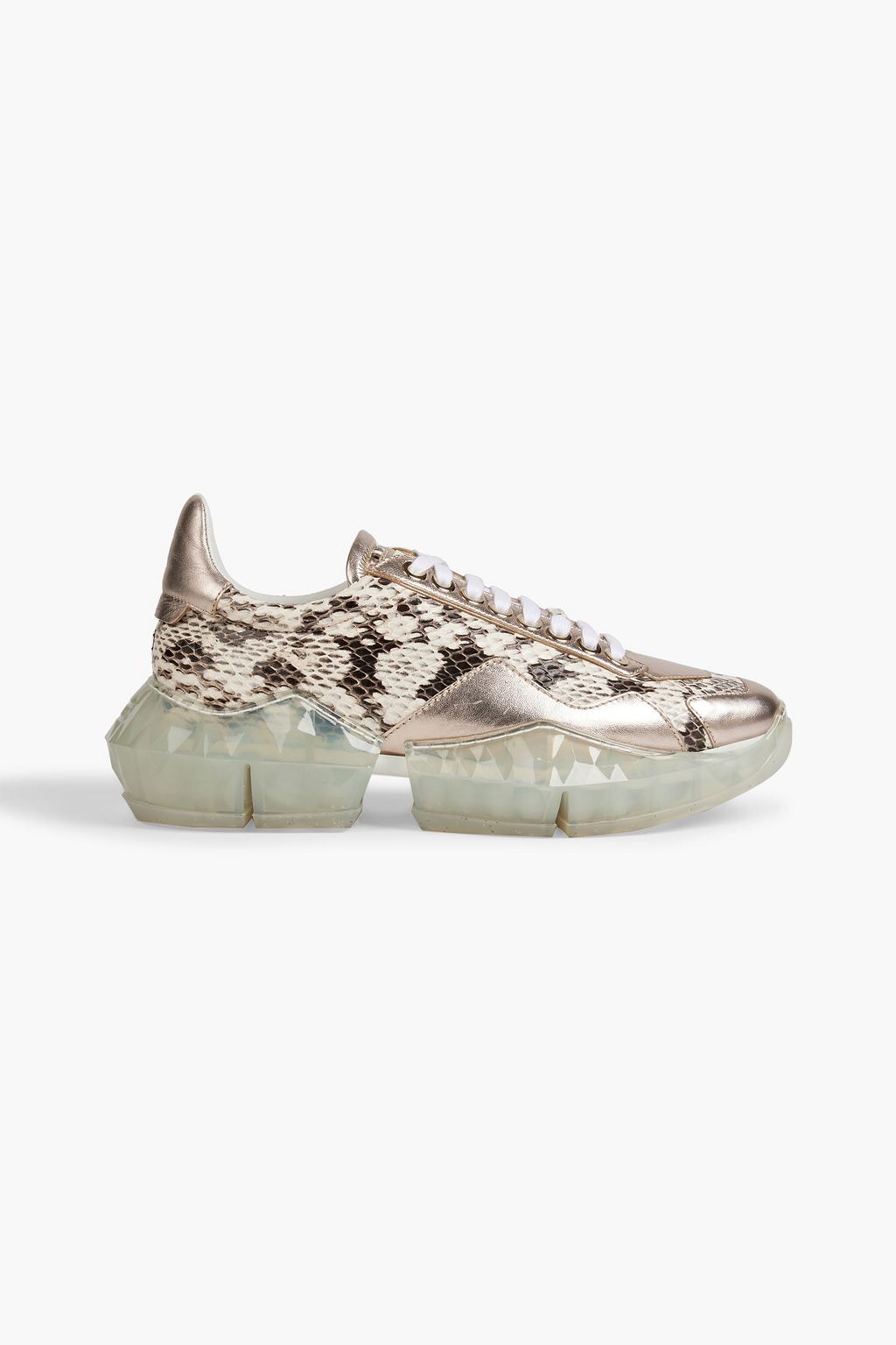 Diamond elaphe and metallic leather exaggerated-sole sneakers