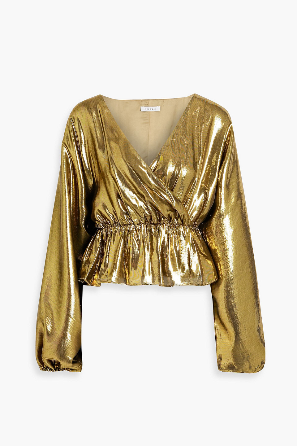 Rhode Mila Wrap-effect Silk-blend Lamé Top In Gold