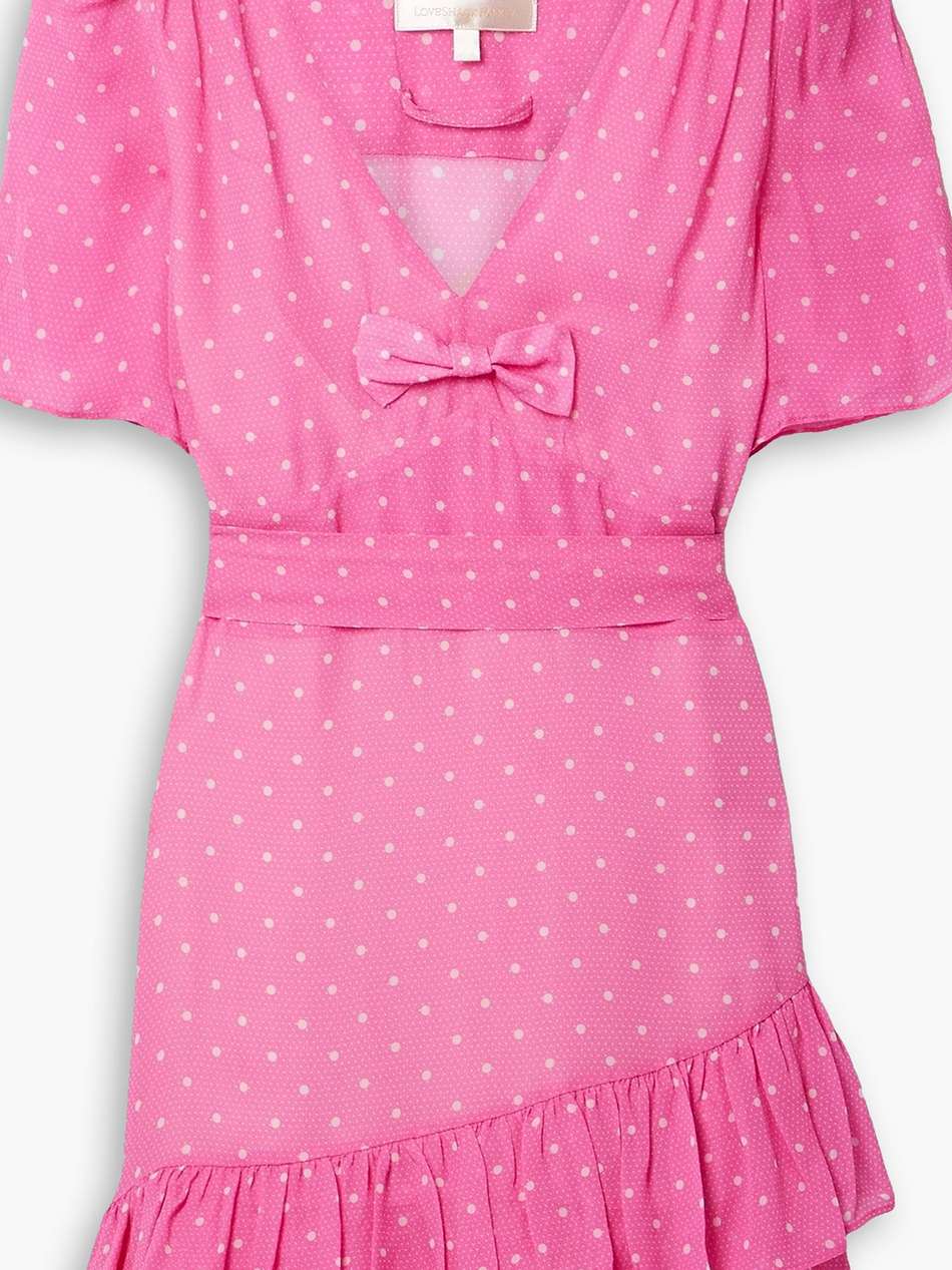 azreal belted ruffled polka-dot crepe de chine mini dress