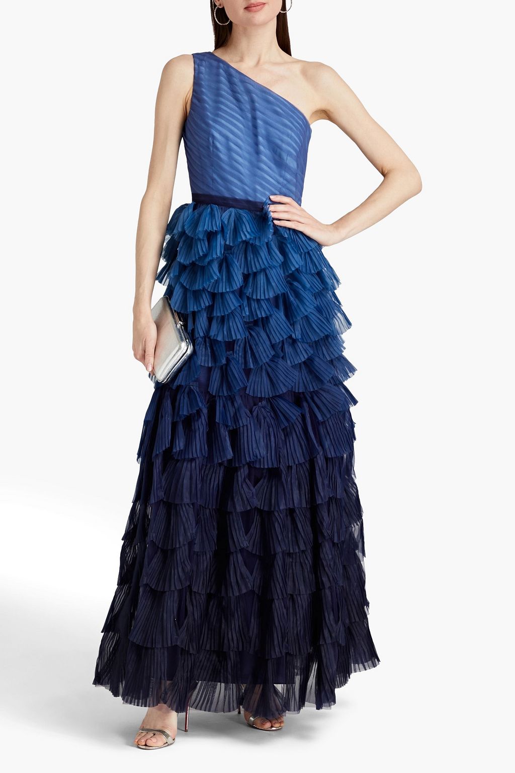 MARCHESA NOTTE One-shoulder dégradé tulle-paneled organza gown