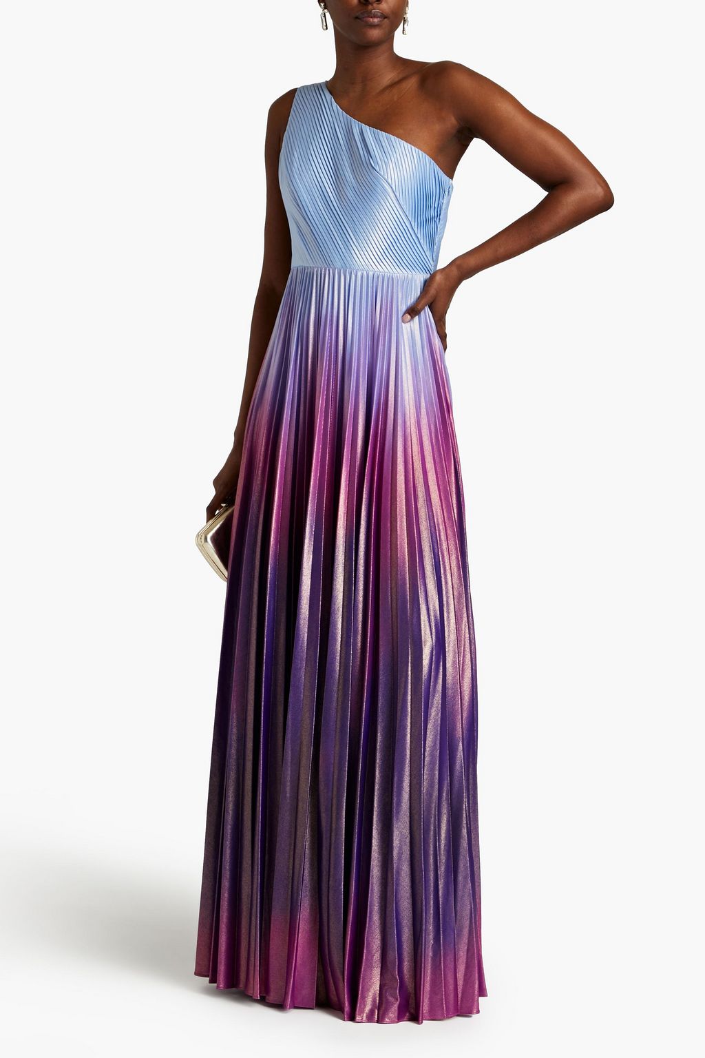 MARCHESA NOTTE One-shoulder pleated dégradé jersey gown
