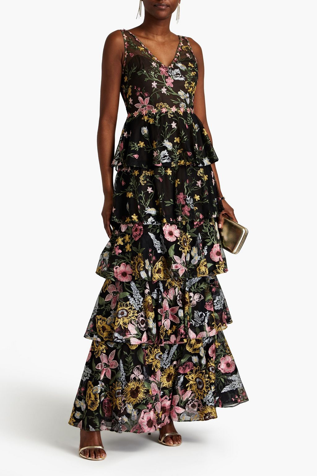 MARCHESA NOTTE Tiered embroidered tulle gown