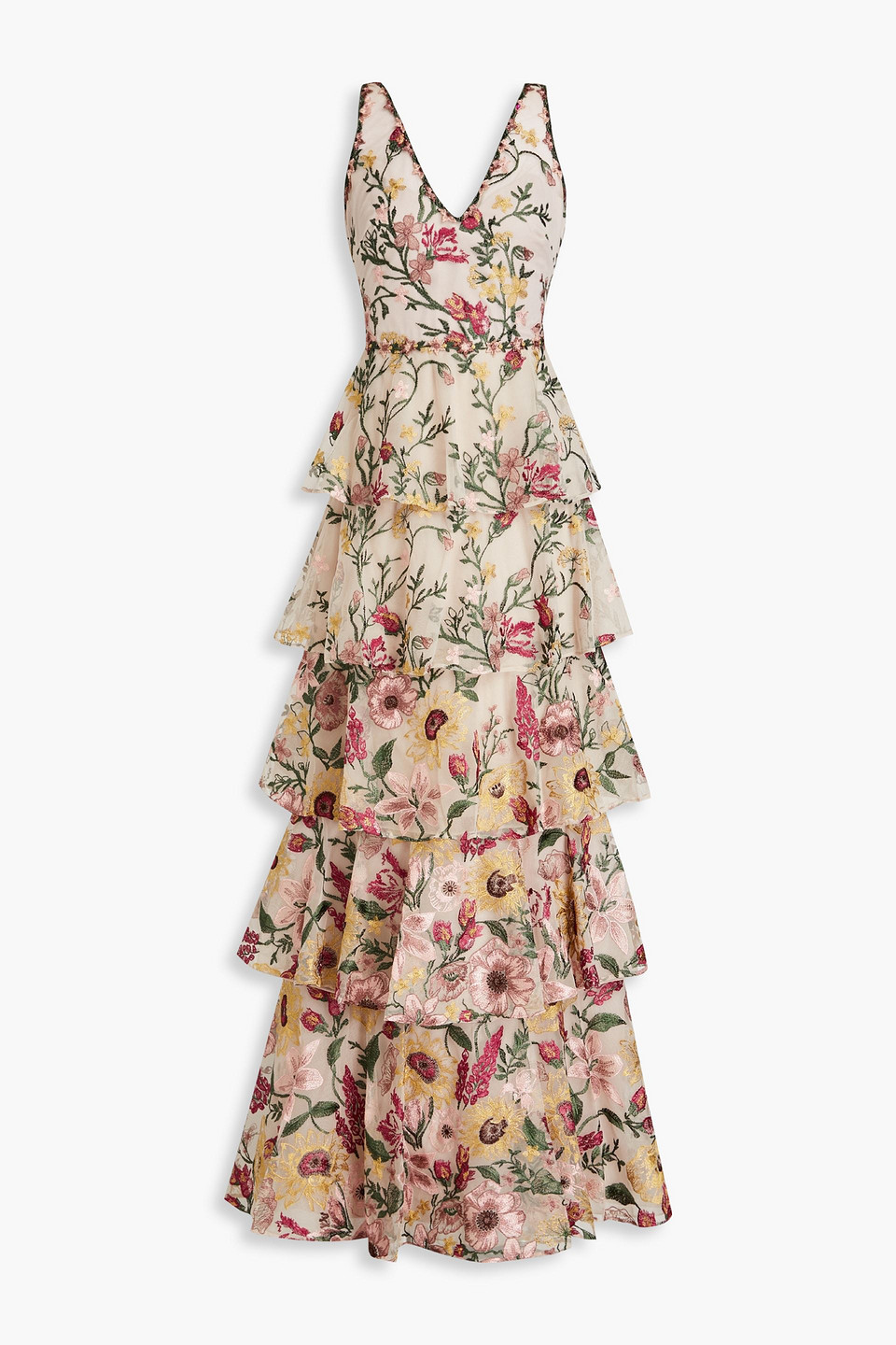 Marchesa Notte Tiered Embroidered Tulle Gown In Neutral ModeSens