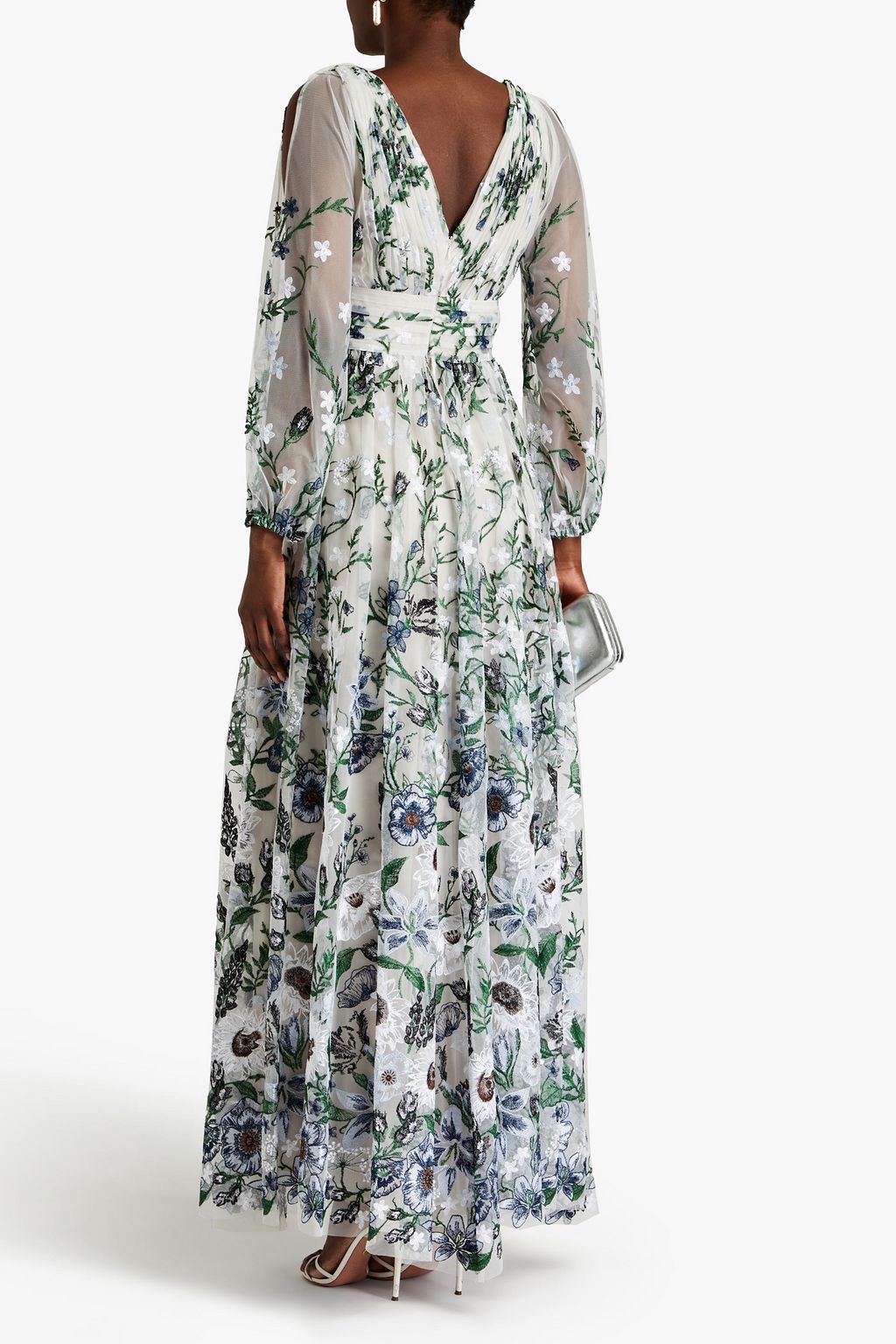 MARCHESA NOTTE Pleated embroidered tulle gown