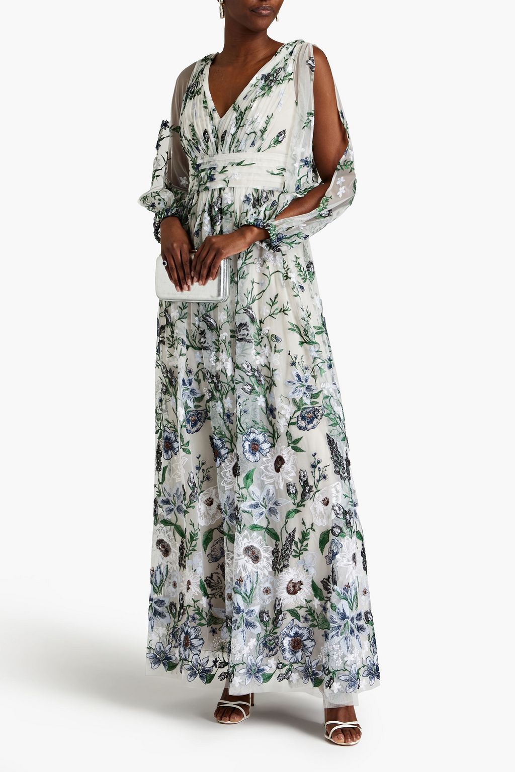 MARCHESA NOTTE Pleated embroidered tulle gown