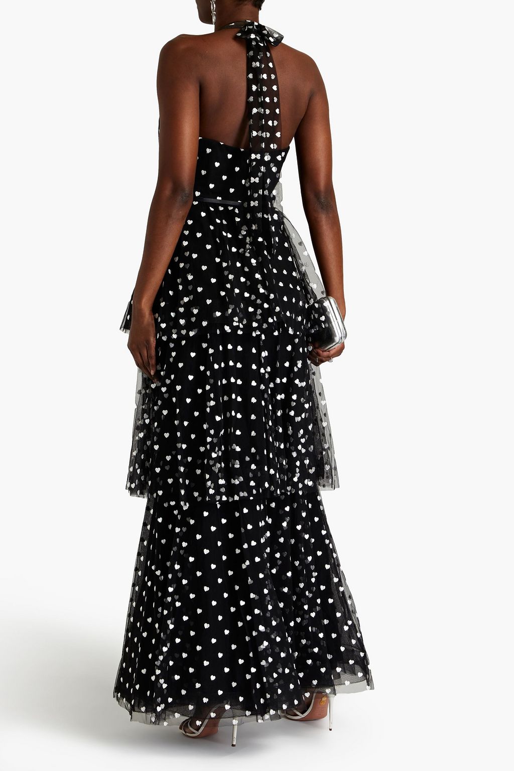 MARCHESA NOTTE Tiered embroidered tulle halterneck gown