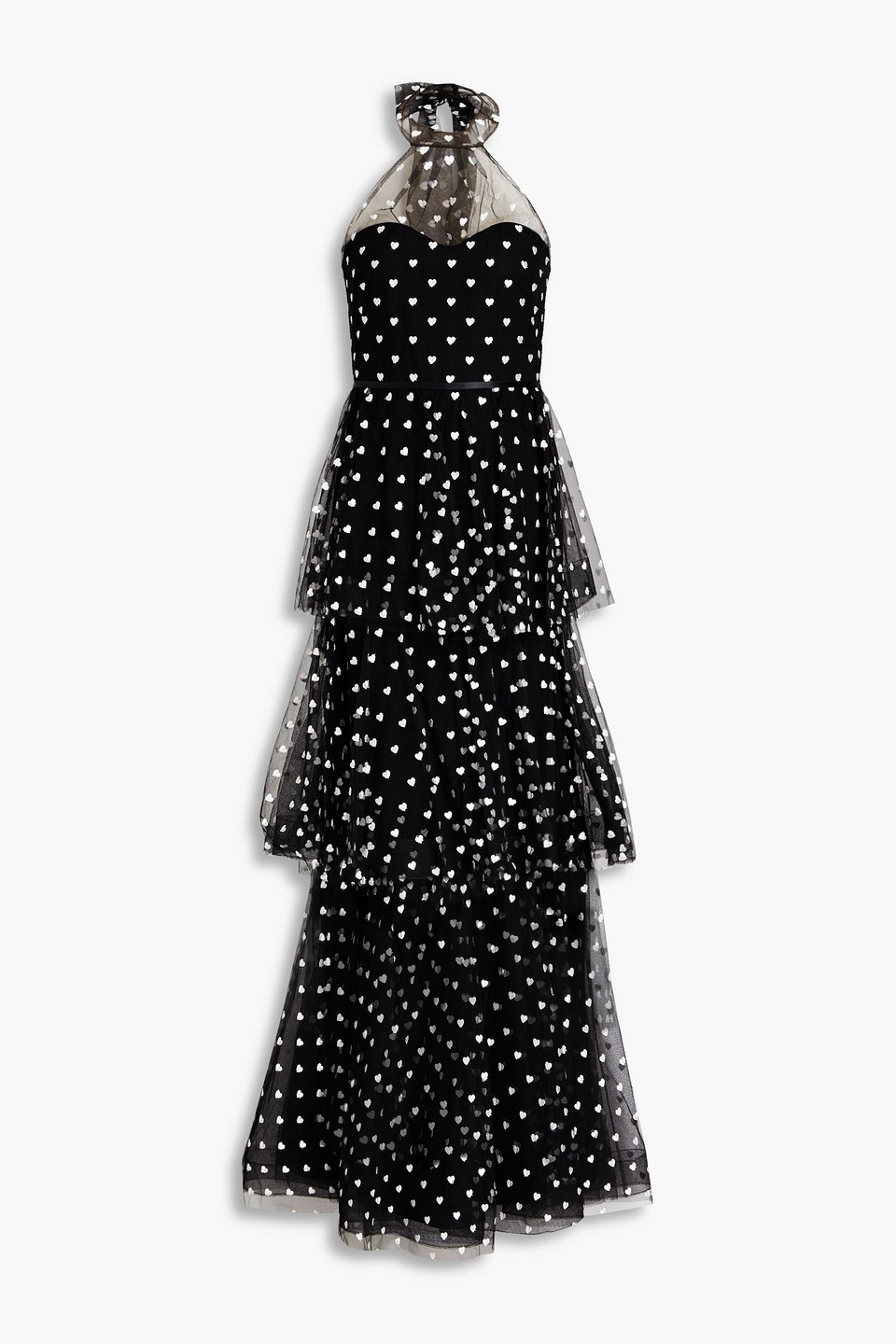 Marchesa Notte Heart-print Tiered Maxi Gown In Black