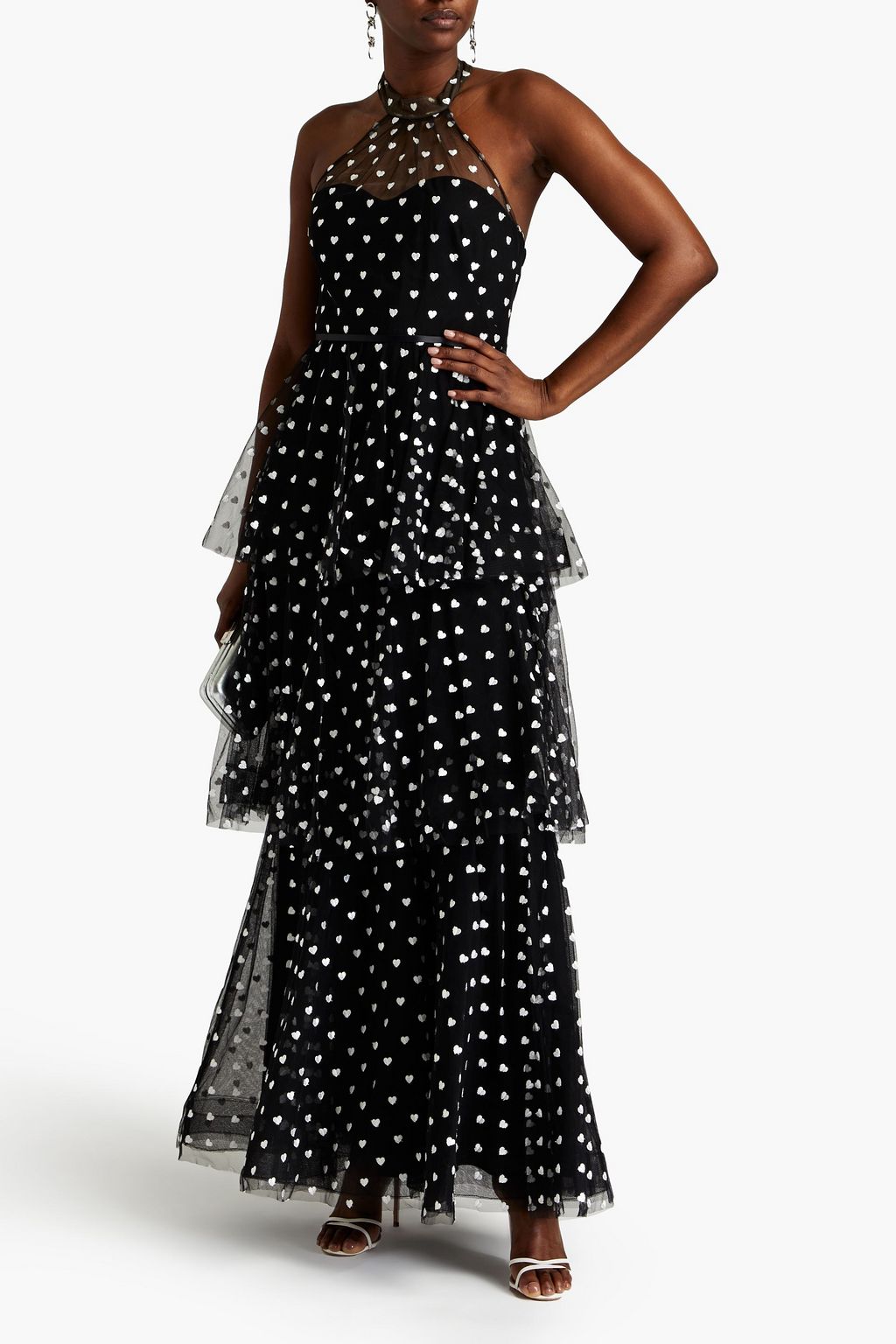 MARCHESA NOTTE Tiered embroidered tulle halterneck gown