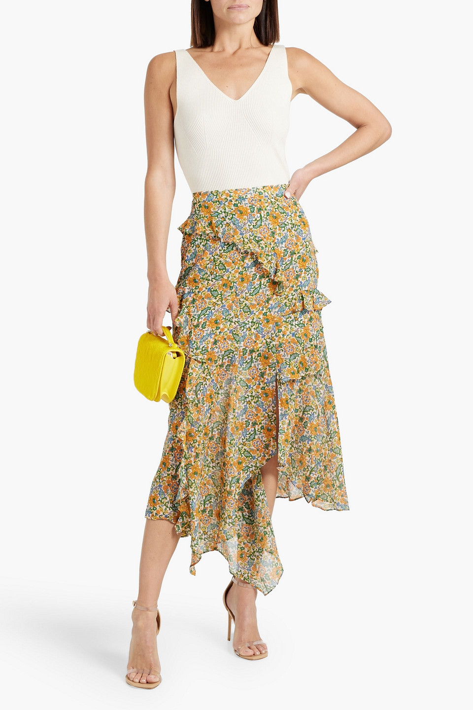 Shop Veronica Beard Eleonora Asymmetric Floral-print Silk Crepe De Chine Midi Skirt In Orange