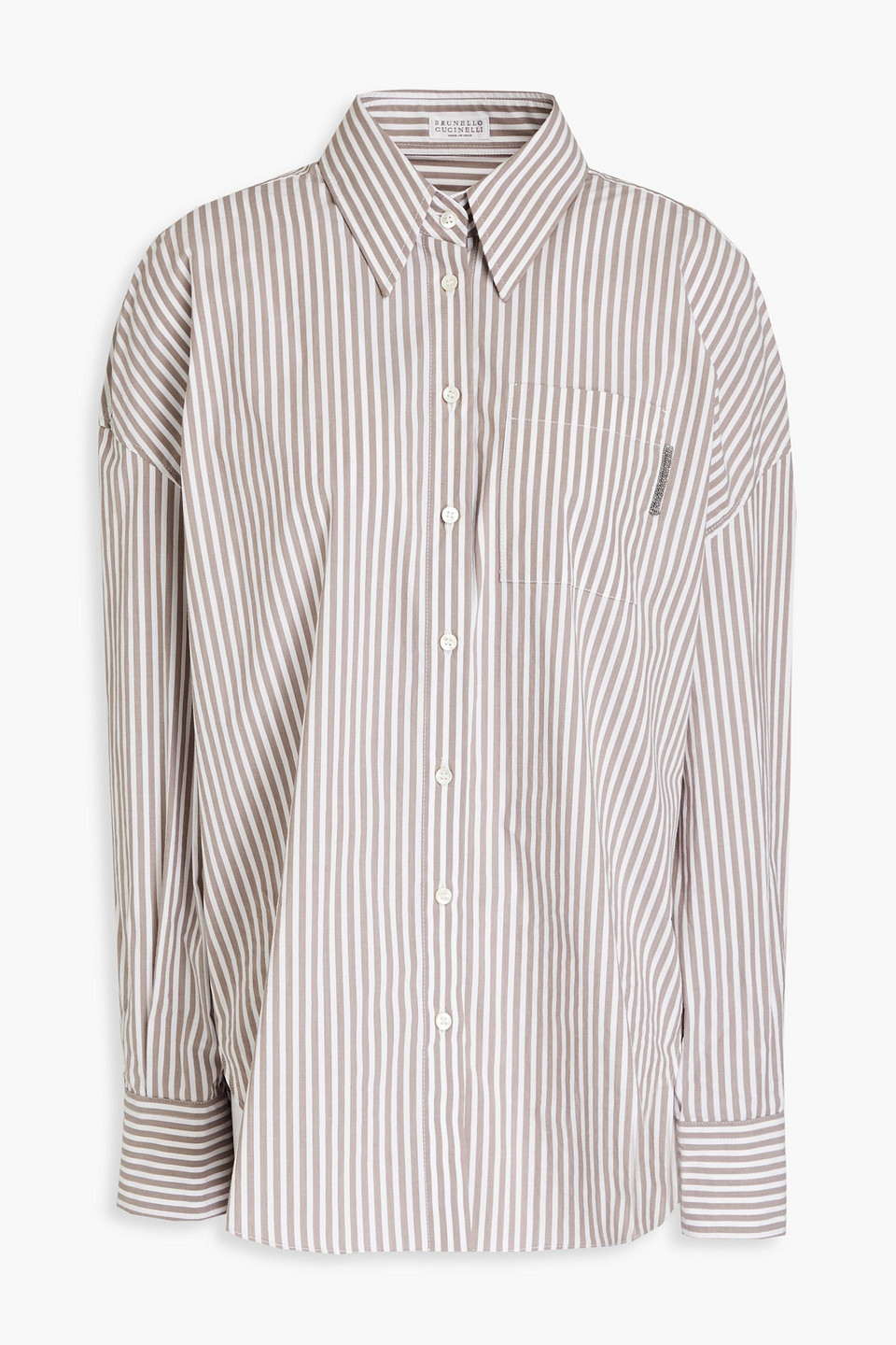 Brunello Cucinelli Bead-embellished Striped Stretch-cotton Shirt In Taupe