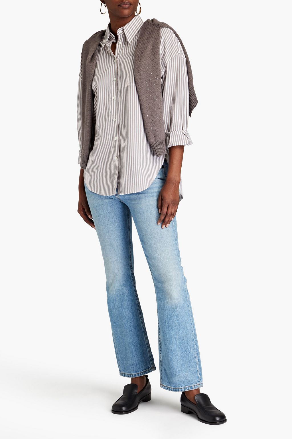 BRUNELLO CUCINELLI Bead-embellished striped cotton-blend shirt