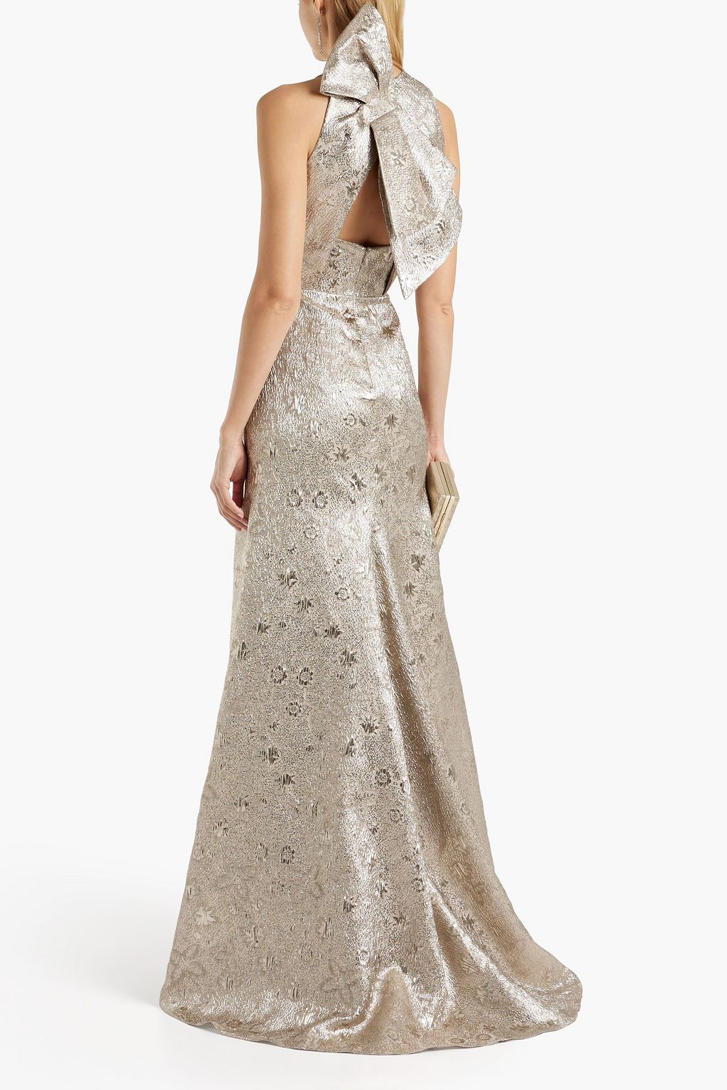 LELA ROSE Bow-embellished metallic brocade gown