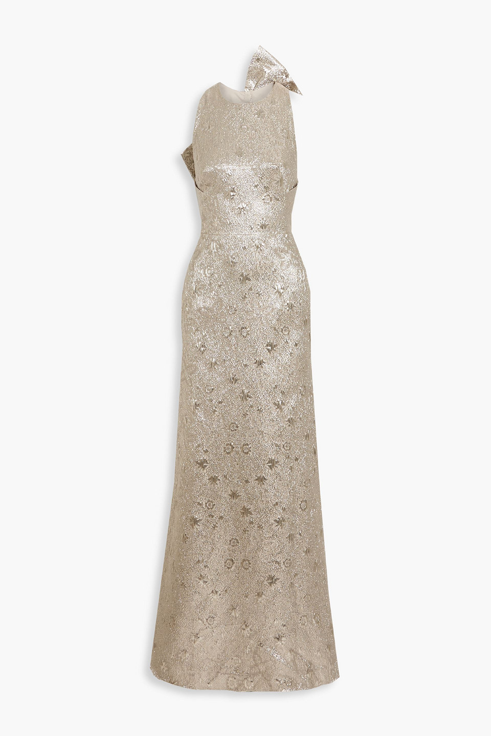 Bow-embellished metallic brocade gown