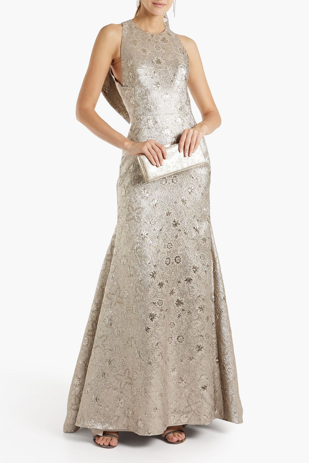 LELA ROSE Bow-embellished metallic brocade gown