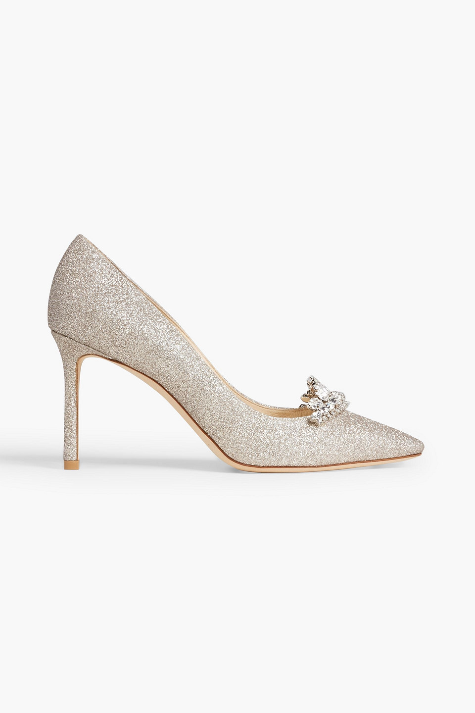 Jimmy Choo Romy 85 Embellished Glittered Woven Pumps In Platinum