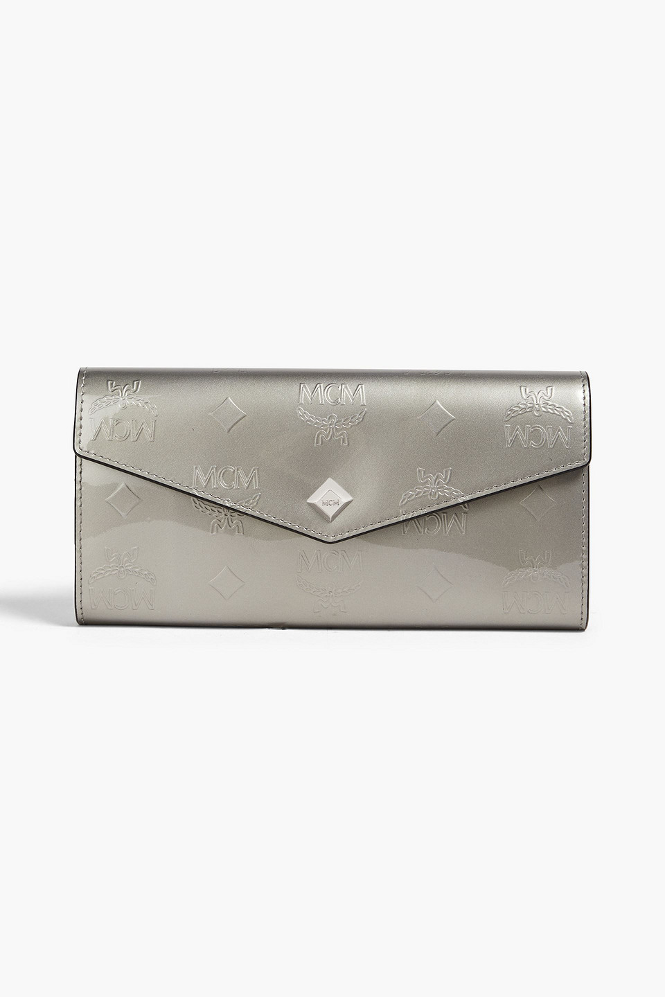 Mcm Visetos Logo-embossed Patent-leather Wallet In Grey