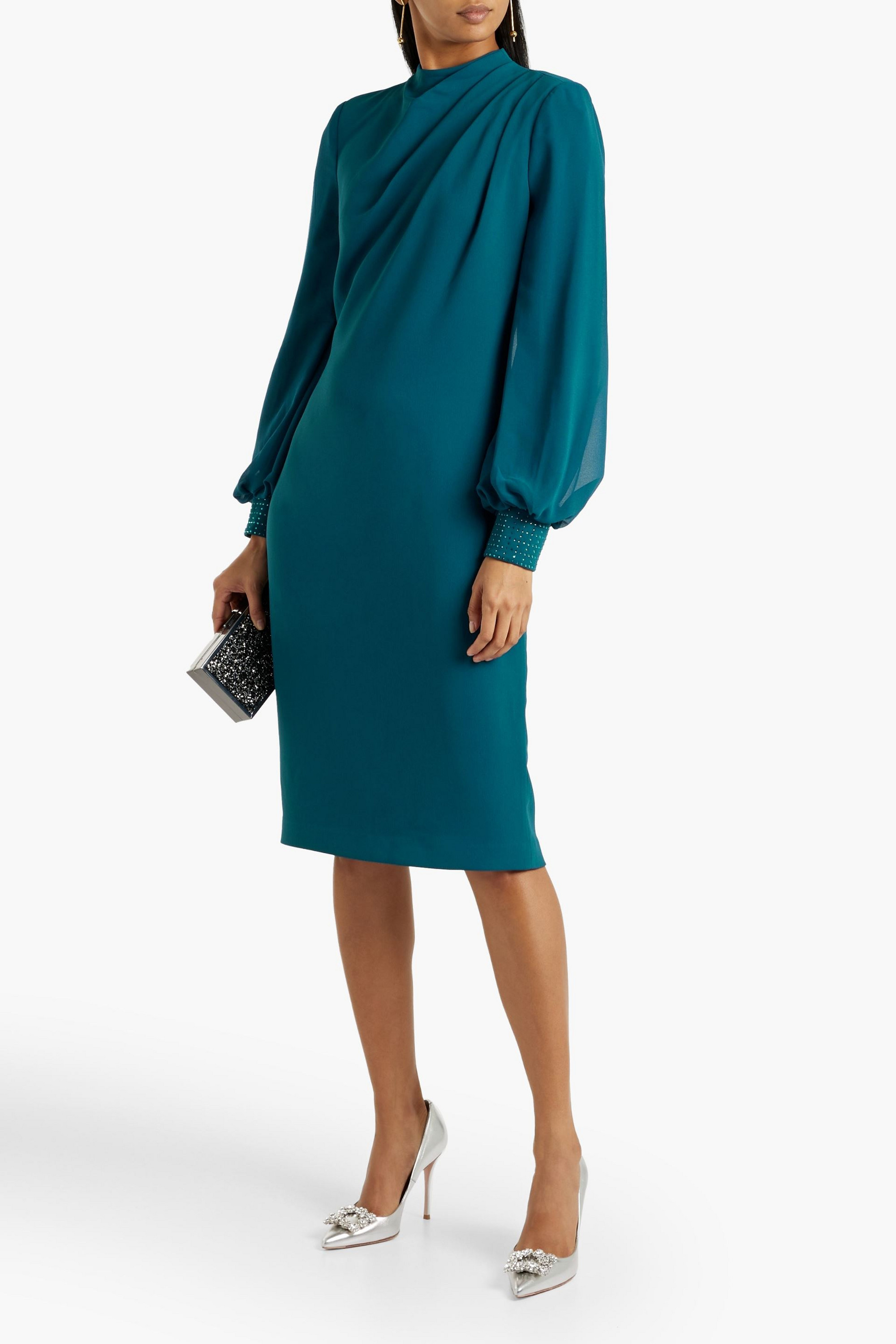 Badgley Mischka Gathered crystal-embellished crepe dress