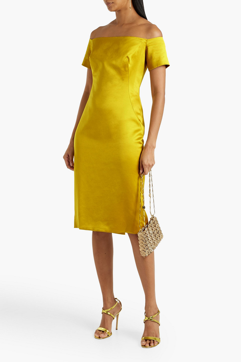 Shop Lela Rose Off-the-shoulder Satin-crepe Dress In Chartreuse