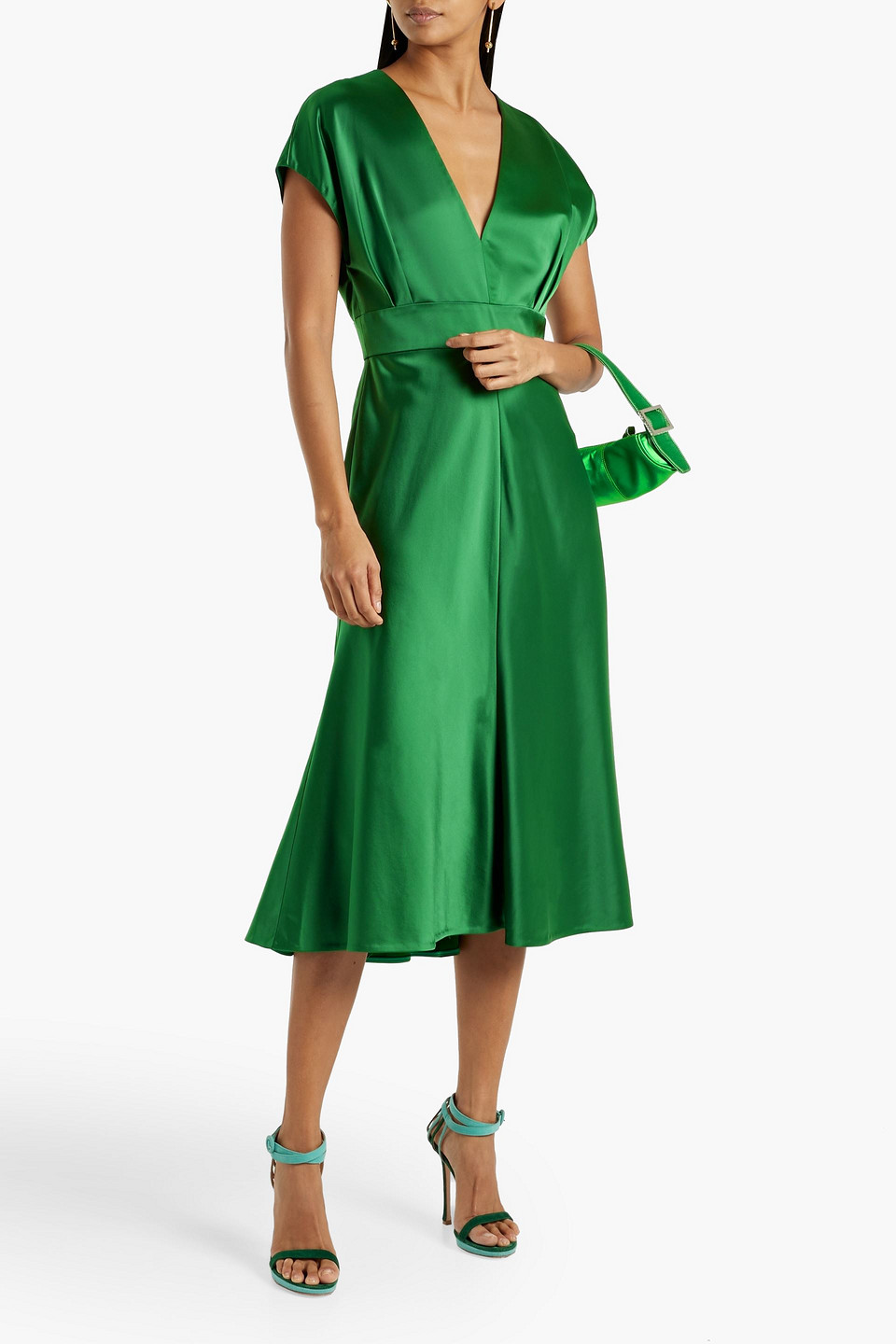 Shop Lela Rose Pleated Satin-crepe Midi Dress In Emerald